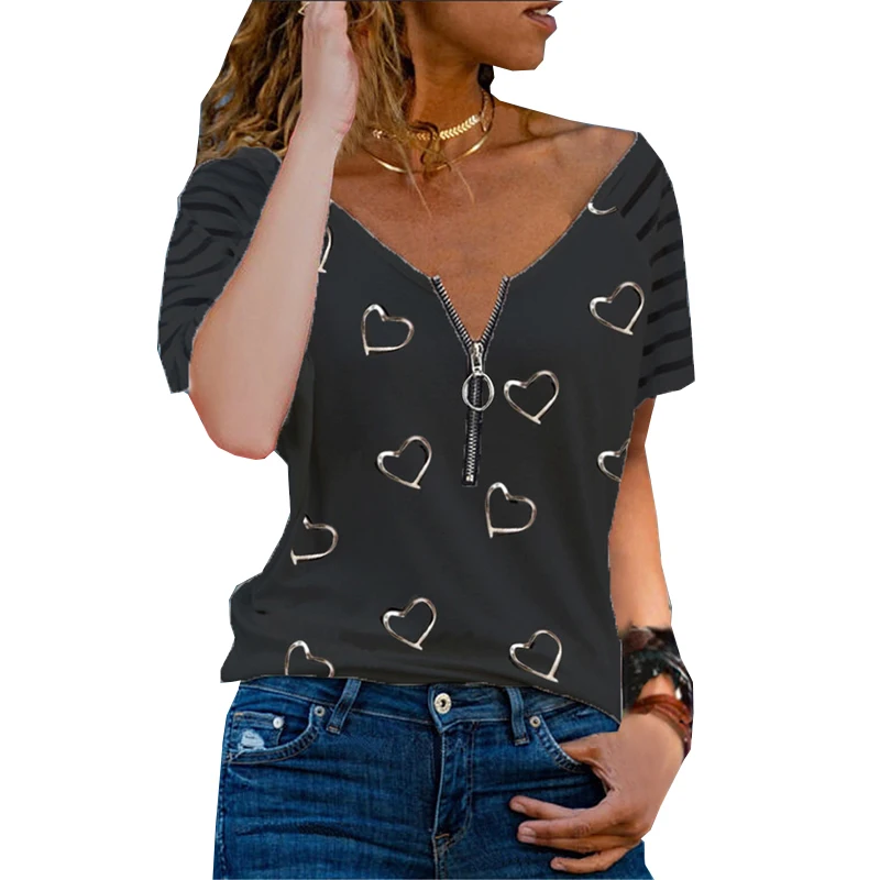 

Summer Women Tops Blouses 2021 Tee Striped Short Sleeve Summer Blouse Casual Heart Print V-Neck Blusa Casual Loose Shirts