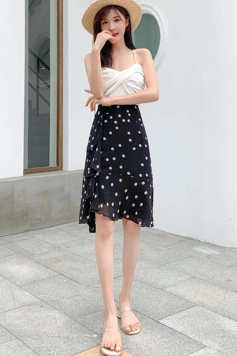 

Wave Point Chiffon Skirt Summer 2021 Irregular High Waist Skirt Short Skirt One Step Buttock Medium Length Fishtail Skirt Spring