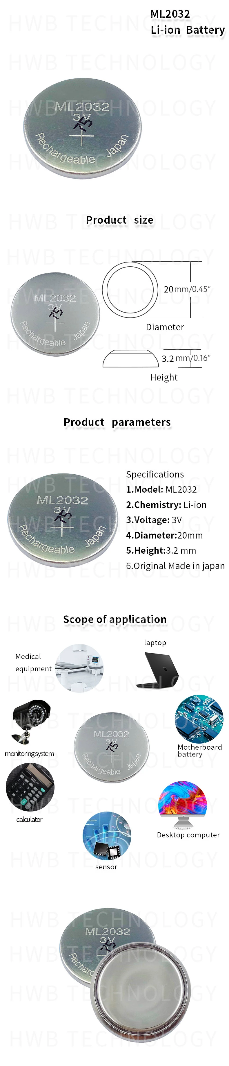 Комплект из 2 предметов, новинка, ML2032 3V Перезаряжаемые литиевая батарея+ ML2032 зарядное устройство