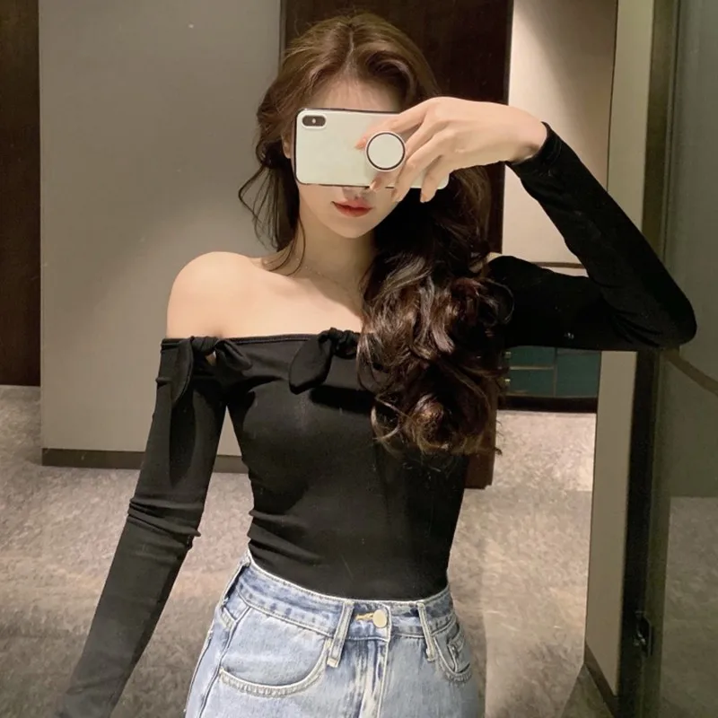 

2020 Women Tops Bow Slash Neck T-shirt Solid Color Female Long Sleeve Femme Harajuku Fashion Female Tee Shirt