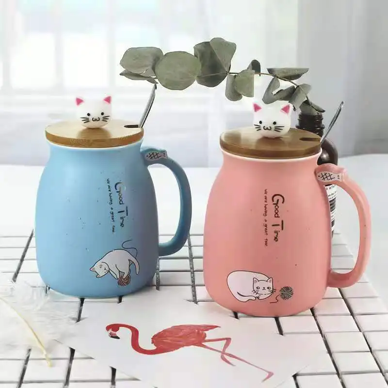

Creative color cat heat-resistant Mug cartoon with lid 450ml cup kitten coffee ceramic mugs children cup office Drinkware gift