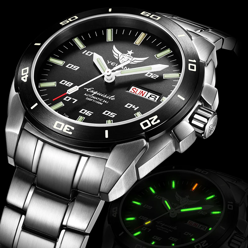 steel band green Мужские часы T100 Тритий, часы мужские Yelang автоматические meachnical H3 наручные водонепроницаемые мужские спортивные наручные часы relogio masculino V1020 - Цвет: steel band green