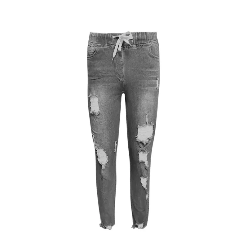 

Drawstring Denim Jeans Women Ripped Hole Stretch Jean 2021 Sexy Slim High Waist Ladies Plus Size Full Length Pencil Pants