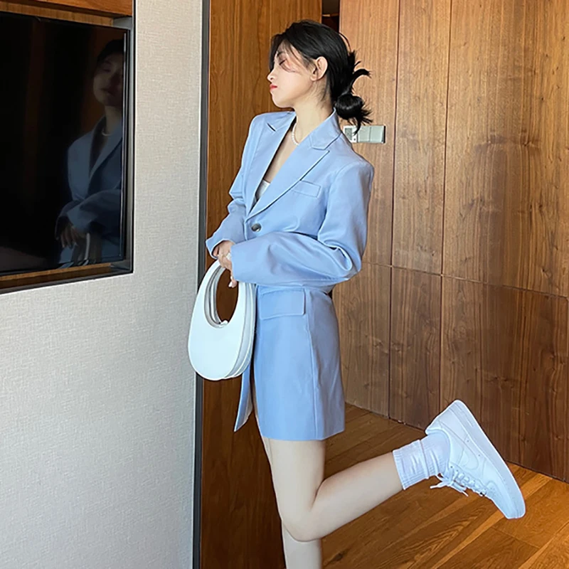 

SHENGPALAE elegant blue long sleeve short blazer and mini split high waist skirt two piece sets for women in spring 2021 5C908