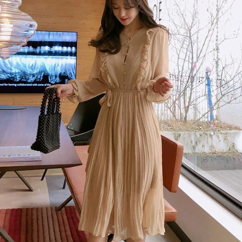 Винтажное шифоновое женское платье с круглым вырезом и оборками расклешенными