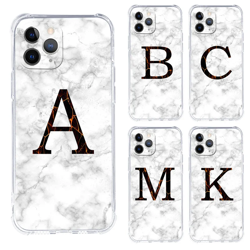 

Marble Phone Case For iPhone 11 Pro 7 8 Plus 12 XS Max X XR Mini Initial Letter A Z Crown Soft Shockproo Cover