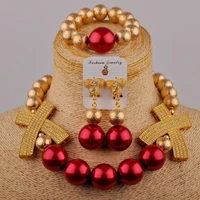new fashion red glass pearl necklace nigerian wedding bride wedding dress accessories african ladies wedding jewelry set sh 65
