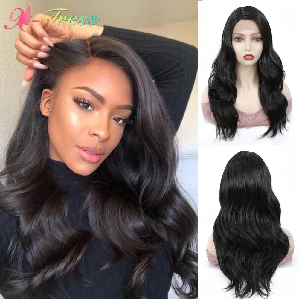 

Darker Brown Synthetic Lace Wigs for Black Women X-TRESS Long Wavy Lace Wig with Natural Hairline Heat Resistant Daily Cosplay