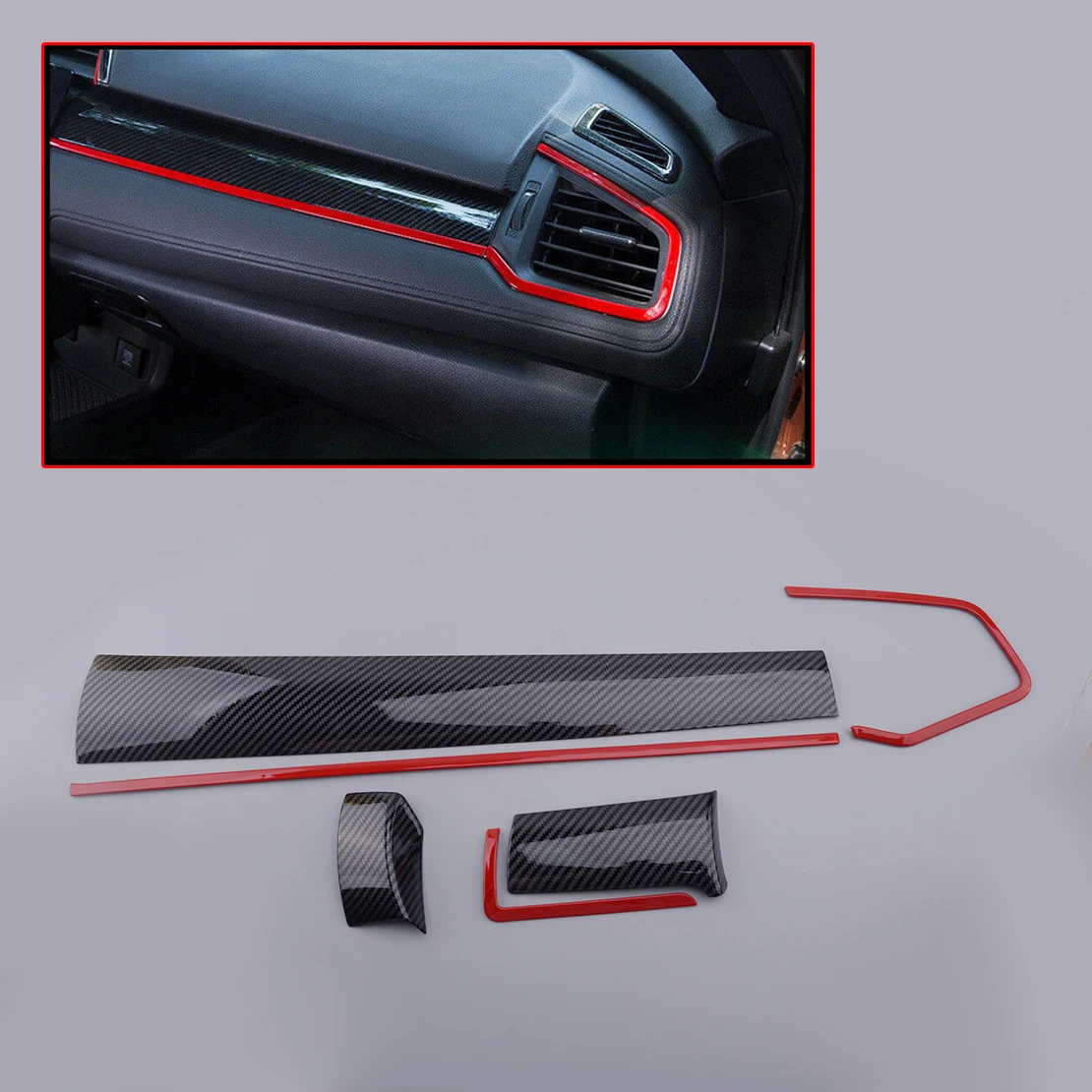 

6pcs LHD Car Console Center Dashboard Cover Air Condition Trim Strip fit for Honda Civic 10th 2018 2017 2016 Interior Decal