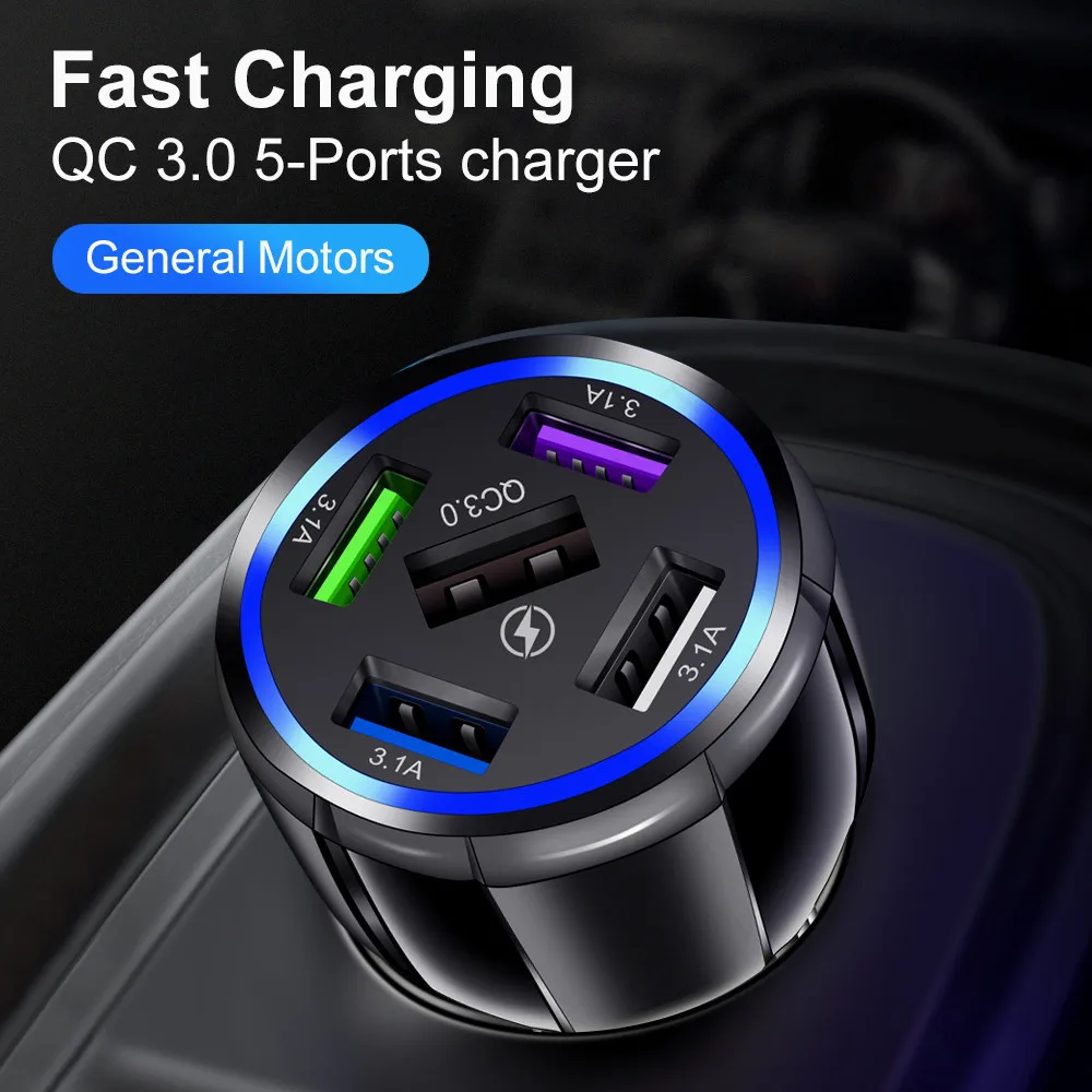 

5 Ports USB Car Charger QC3.0 Mini Fast Charging For iPhone 12 Xiaomi Huawei Mobile Phone Universal Charger Adapter in Car
