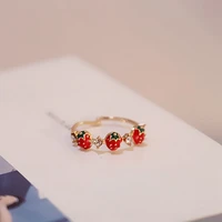 rhinestones sweet fruit red strawberry open adjustable finger rings for women girls party gifts