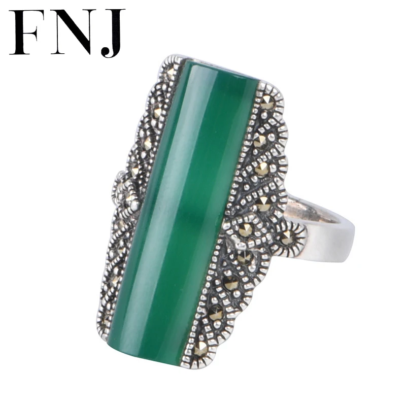 

FNJ Green Red Agate Ring 925 Silver New Original S925 Sterling Silver Rings for Women Jewelry Big Long MARCASITE