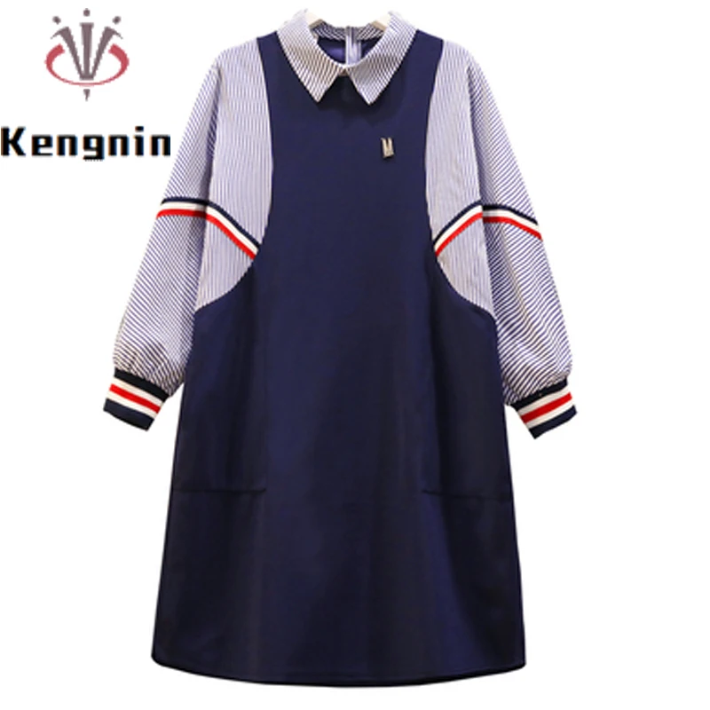 Женское платье свободного кроя, модель KE1532 на весну, модель 2022 года, в полоску, в стиле пэчворк, синее женское офисное платье для работы