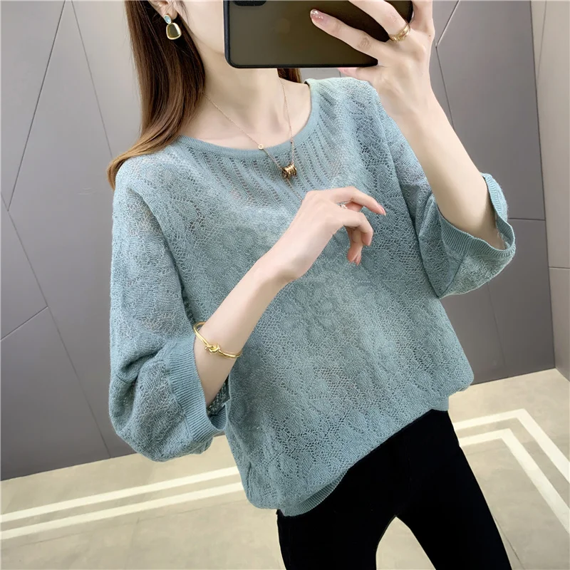 

Add 3 colors 193722 room 7 Row 2 bottom] real shot round neck hollow out solid color Pullover [1088] 46