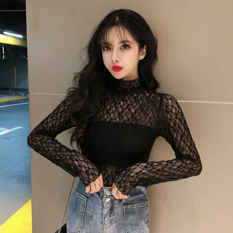Блузка с длинными рукавами кружевной сетчатый топ высоким воротником | Женская