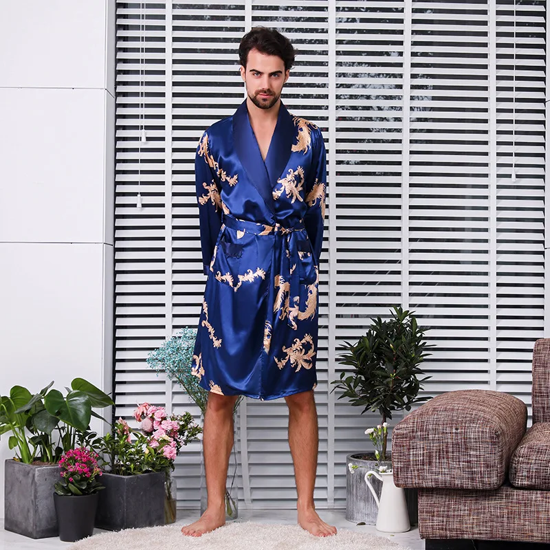 

New long-sleeve robe men's bathrobe Chinese ins dragon silk pajama men's long robe home wear clothing large size M-5XL