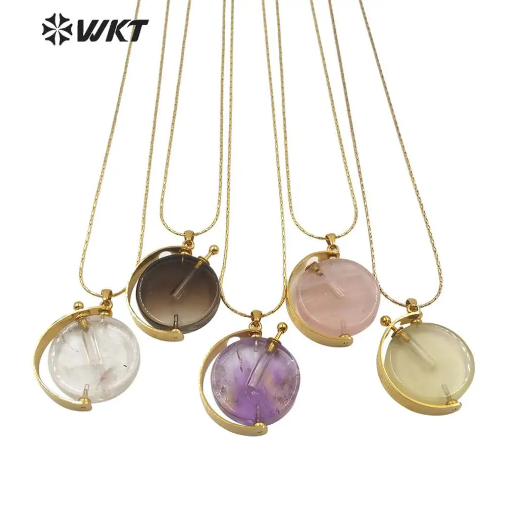 

WT-N1205 WKT Amazing women fashion gold bezel natural stone perfume bottle necklace new whirling pendant necklace gift