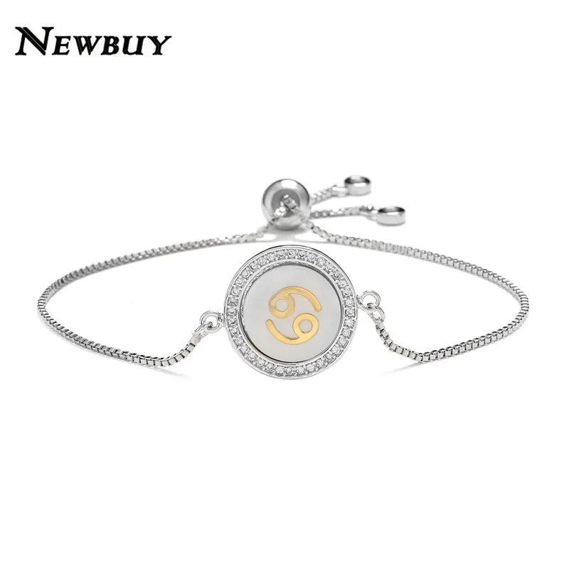 NEWBUY Мода 12 Созвездие шарм браслеты для женщин Девушка Уникальный дизайн оболочки браслет CZ Роскошный Золотой символ знаков зодиака