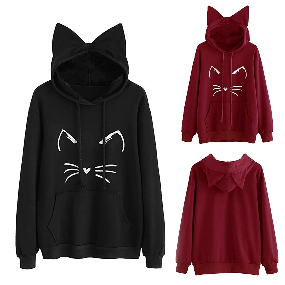 Womens Cat Ear Solid Long Sleeve Hoodie Cat Face Print Sweatshirt Hooded Pullover Tops Streetwear Women Oversized Hoodies