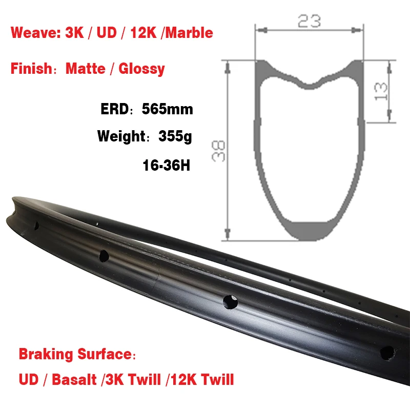Miglior 355g 16-36 Fori Cerchio Bici Da Strada T800 Cerchio In Fibra Di Carbonio ERD 565mm Tubeless Anelli Bici Larghezza 23mm Per Cerchi Disco/v-brake