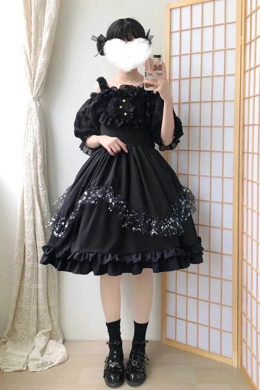 

Women Princess Sweet Suspender Dress Sleeveless Loli JSK Black White Lolita Kawaii Cute Japanese Gothic Girl Vintage Harajuku