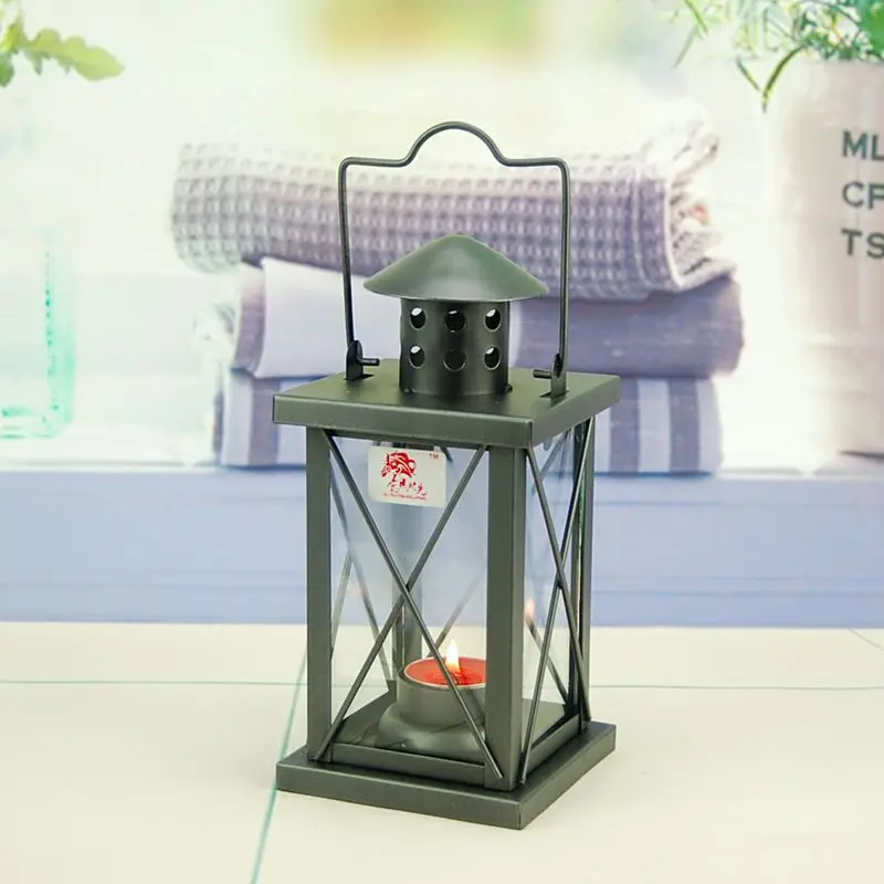 Черный подсвечник из железного стекла металлический декор ветрозащитная лампа