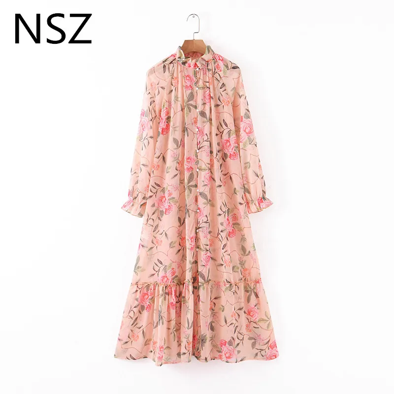 NSZ женское платье с цветочным принтом длинный макси шифоновый длинным рукавом на