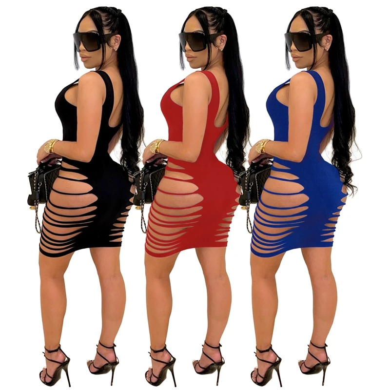 

Sexy Plus Size Bodycon Hole Dress Sleeveless Summer Hollow Out Vacation Outfits for Women Y2k Clothing Club Mini Dresses