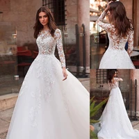 tulle jewel neckline see through bodice a line wedding dress with lace appliques frozen long sleeve bridal gown vestido de noiva