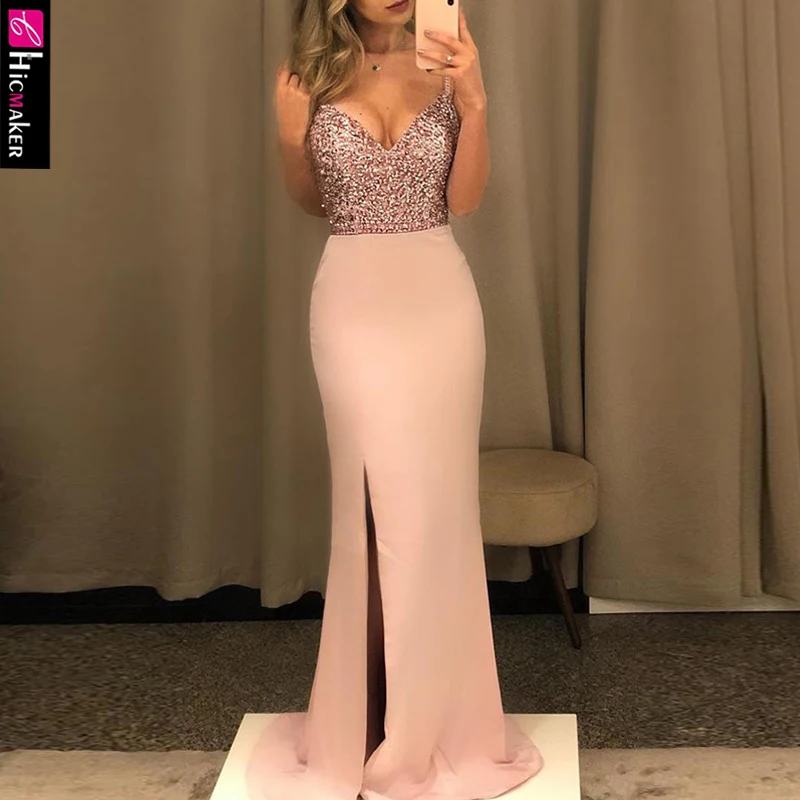 Платье макси с блестками на бретельках открытой спиной высоким разрезом для