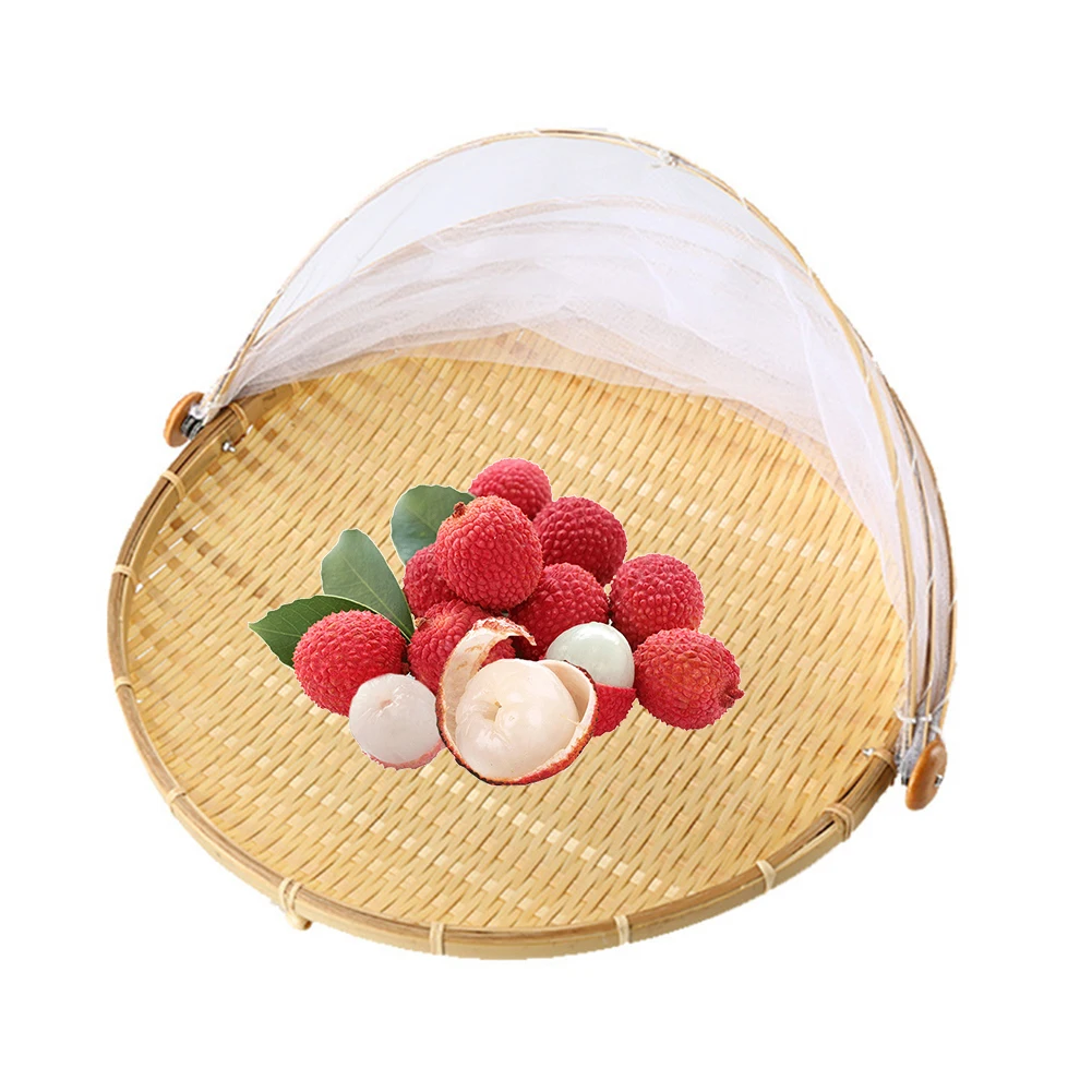 Bamboo Picnic Food Serving Basket Anti Flies Insect Net Cover Bread Fruit Tray Barbecue Party Mosquito Fly Tent | Дом и сад