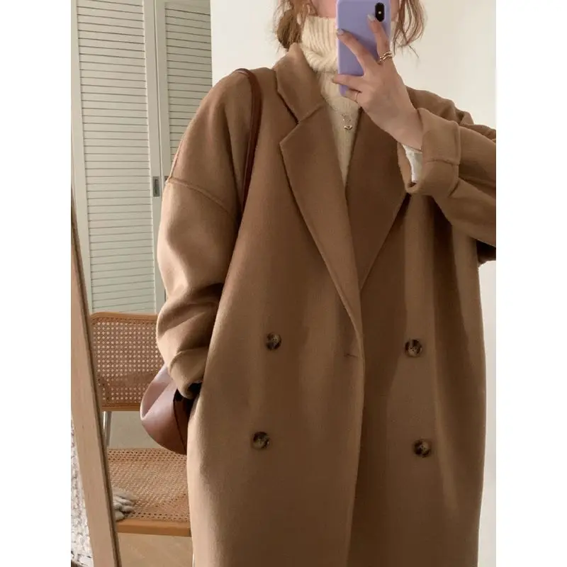 

Solid turn-down collar cashmere coat women's mid-length coat autumn winter new Korean fashion camel thick quilted woolen coat