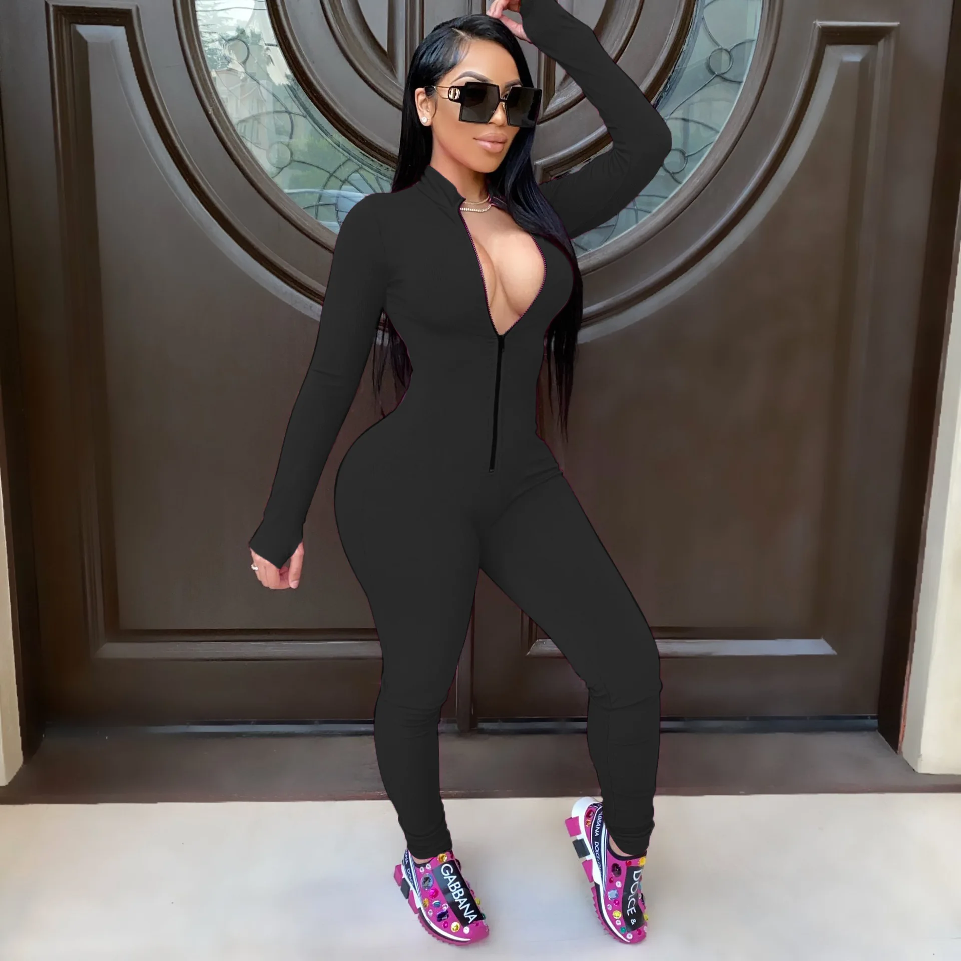 Женские узкие длинный комбинезон песочник на молнии с высоким плотно облегающим