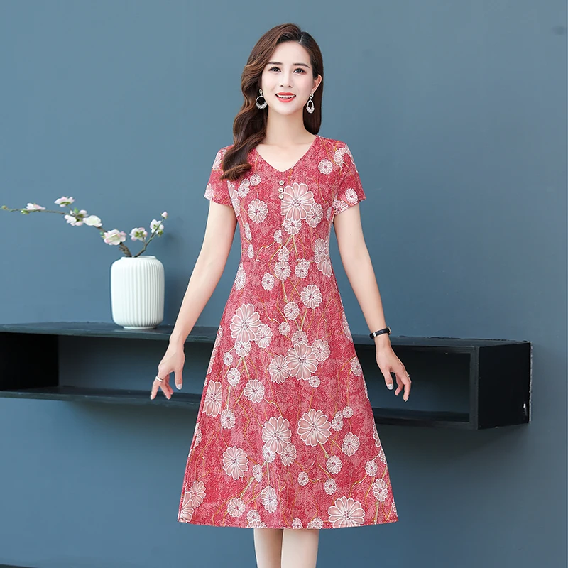 

XL-5XL Women Vintage Dress Short Sleeve V-neck Summer Vestidos Women's Elegant Printing Mid-Calf Casual Dresses Female