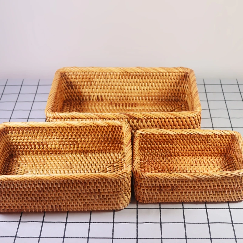 

Rectangular Hand-woven Basket Rattan Candy Storage Picnic Tray Food Bread Dish Multipurpose Drying Food Storage Dustpan