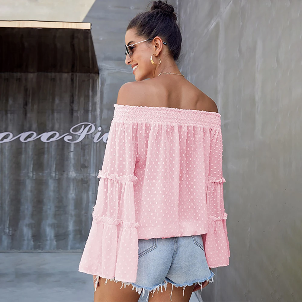 

Za Fashion Sexy Casual Ruffles Elegant Blouse Summer Off Shoulder Chiffon Women Flare Sleeve Party Shirt Plus Size Female Top