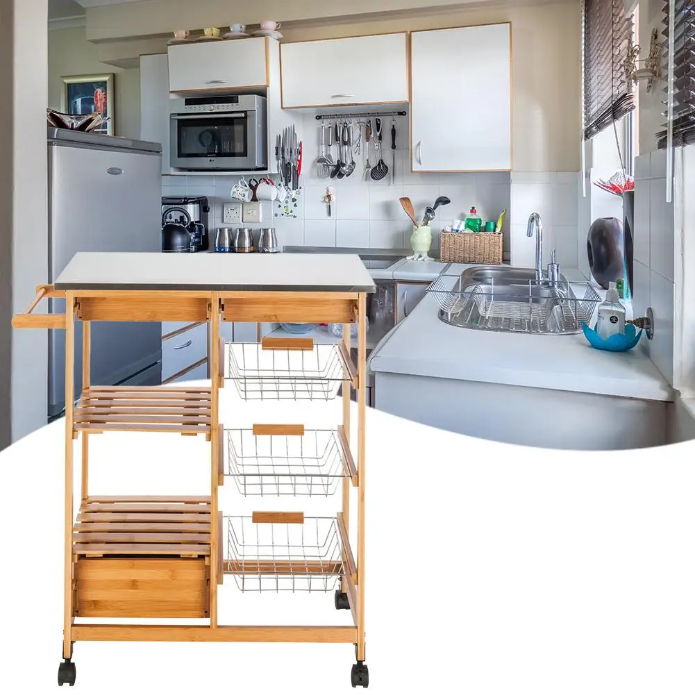 

Storage Organizer Rack Movable Kitchen Bathroom Shelf Metal Rolling Trolley Cart Basket Stand Wheels Save Space