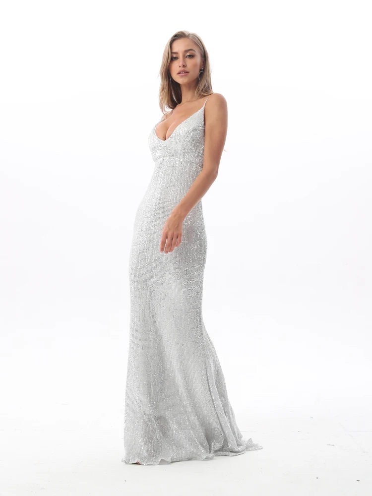 

Sexy V Neck Sequined Party Dress Floor Length Sleeveless Maxi Dress Backless Dress Champagne Gold Black blue Silver XL
