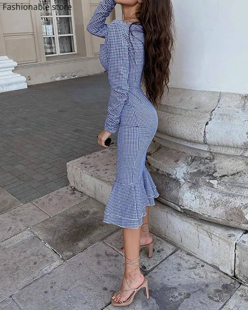 

Women Vintage Square Collar Long Sleeve Casual Cocktail Party Bodycon Mermaid Dress