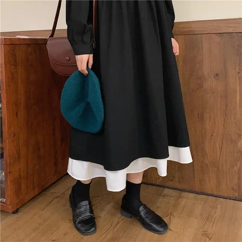 

Long Sleeve Dress Women Spliced Ruffled Button Womens Clothing Sweet Preppy Style Daily Loose All-match Solid A-line Dresses