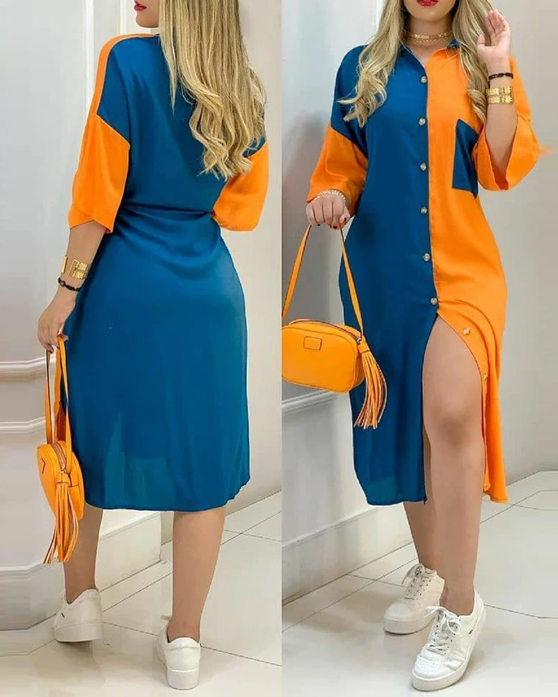 

2021 Summer Fashion Streetwear Loose Turn-Down Collar Colorblock Button Design Casual Shirt Dress Loungewear Daily Wear