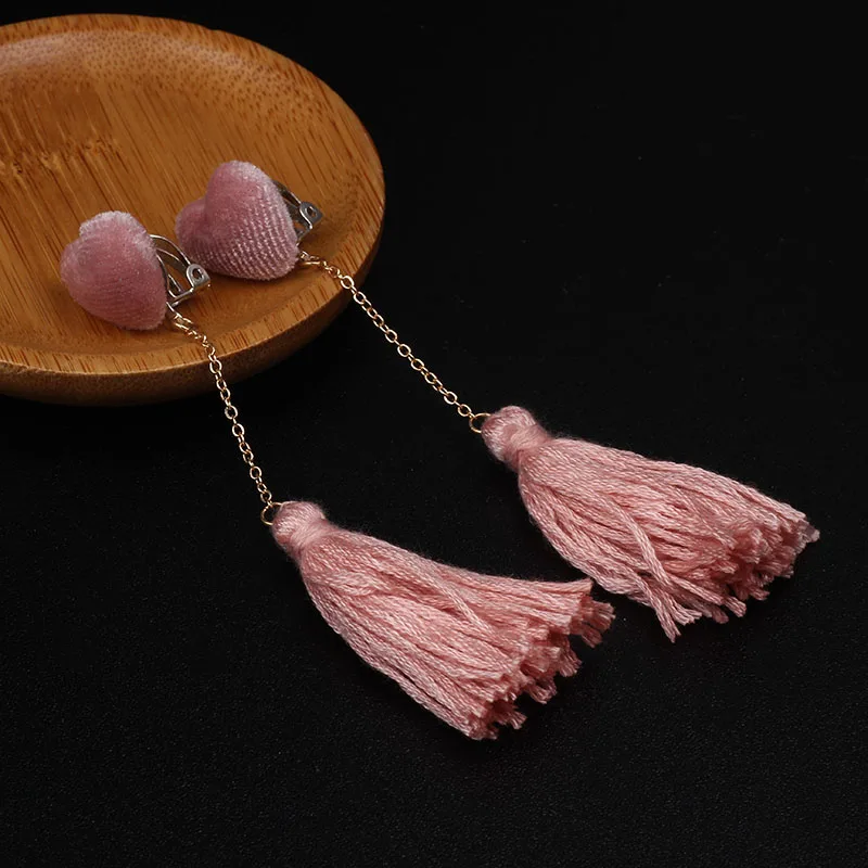 

Clip Earrings For Women Without Piercing Pink Gold Chain Long Clip On Tassel Earrings Fringe Fashion Ear Rings Bohemian Jewelry