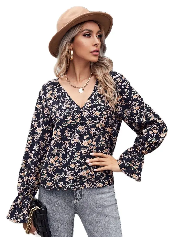 

Женская шифоновая рубашка с V-образным вырезом и длинным рукавом