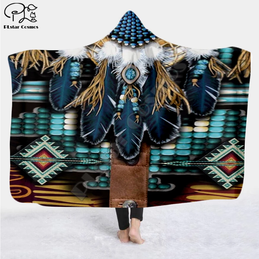 

Black Native Indian Lakota Skull buffalo soldier Hooded Blanket 3D full print Wearable Blanket Adults Kids style-6