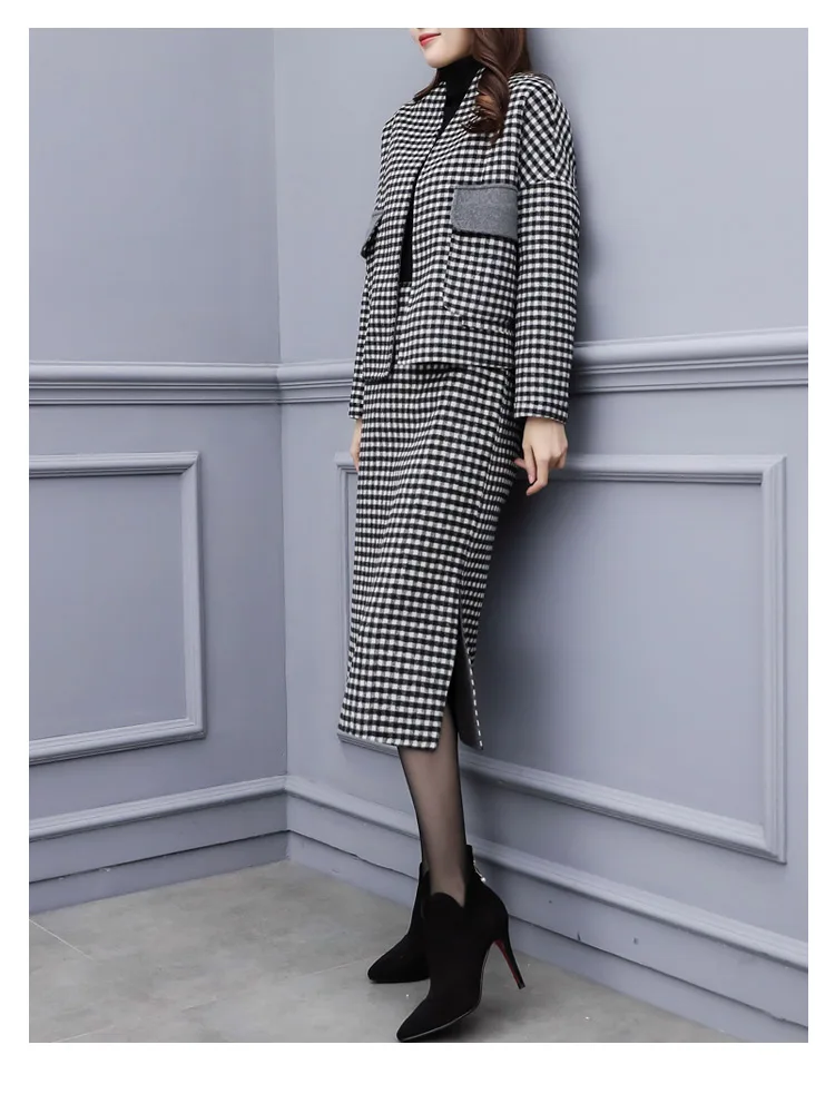 

Woolen Plaid Office Women Two Piece Skirt Suits Sets 2020 Winter Coat + Splitting Skirt Suits Fashion Elegant Ladies Outfits Set