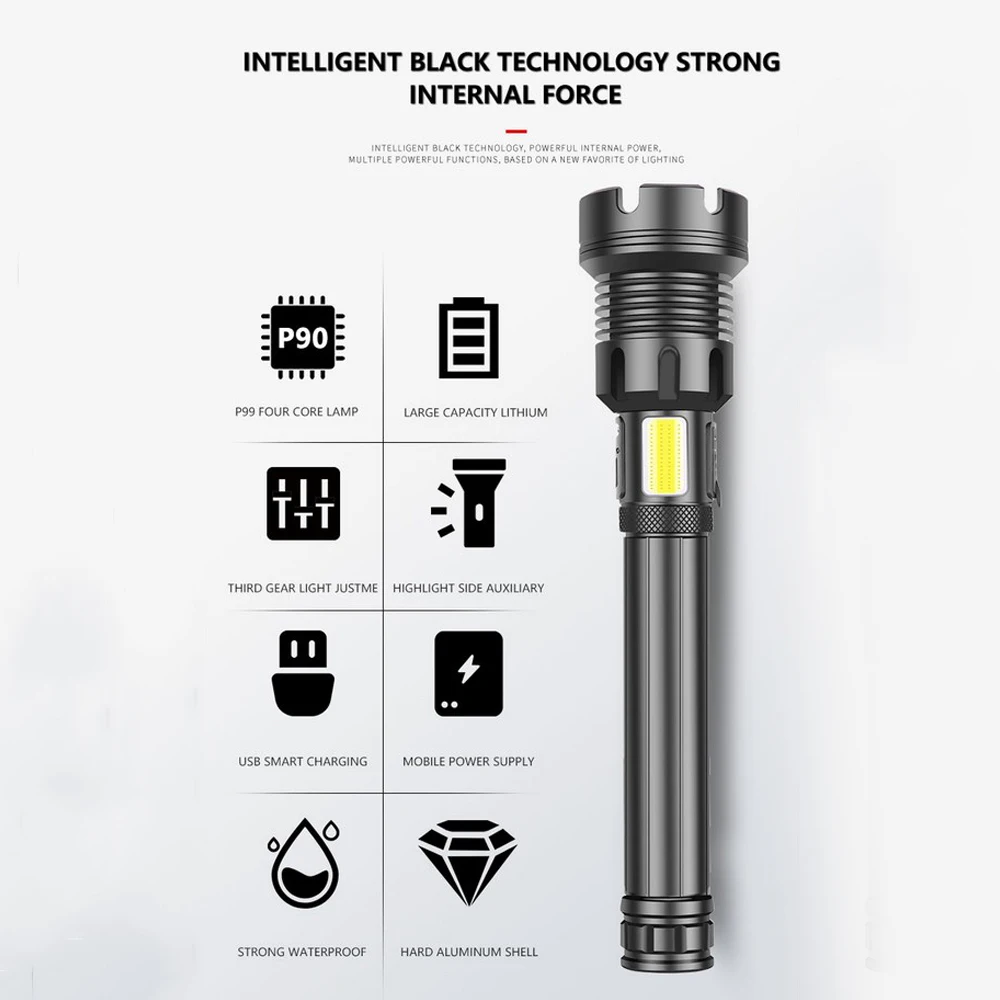 

Ultra-bright LED Flashlight Waterproof Zoom Lamp 4 Lighting Modes Multi-function USB Rechargeable 26650 18650 Outdoor Flashlight
