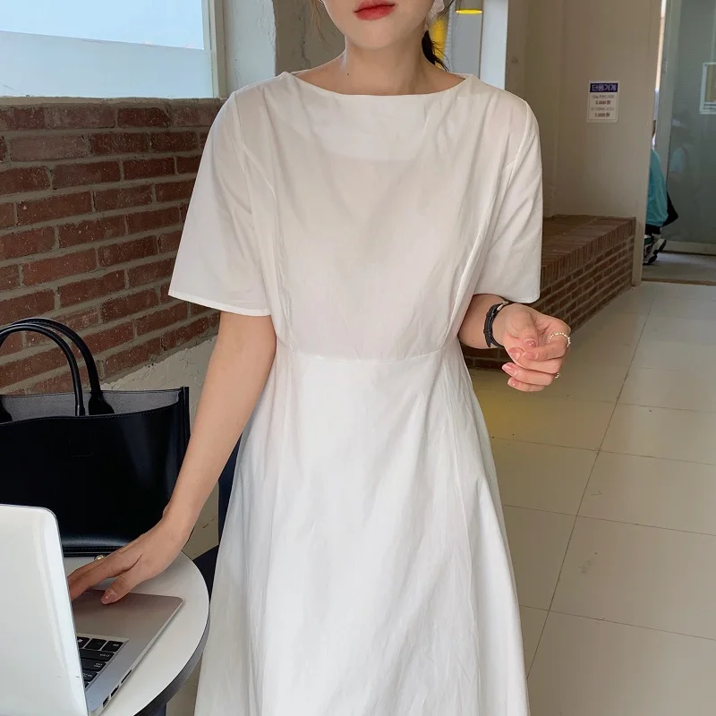 

French Summer New Women'S Casual Square Collar Dress Minimalist Pure Color Waist Long Dress White Pink Orange Blue Purple Dress