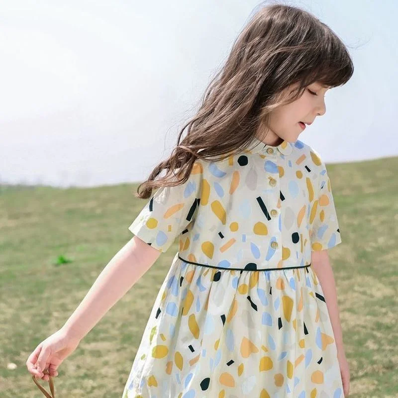 

Pattern Short Turn-Down Collar Children's Clothes Kids Summer Causal Clothes for 3-13 Years 2021 New Girls Knee-Length Dresses