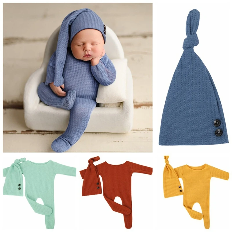 2 Pcs Baby Hat Bodysuit Set Newborn Photography Props Cap Romper Jumpsuit Kit Infants Photo Shooting Clothing Outfits