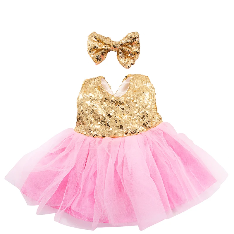 

Gold Color Sequin Bow Doll Skirt With Hairpin Fit 43cm New Baby Dolls Pink Gauze Dress Clothes Set For 18 Inches And DIY Dolls